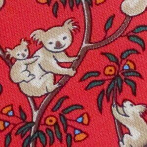 100% REAL HERMES TIE ~ RED w/ FUN PLAYFUL KOALA BEAR FAMILY IN EUCALYPTUS TREES